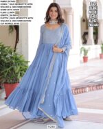 Stunning Ruffle Flair Designer Faux Georgette Readymade Gown With An Embroidered Dupatta