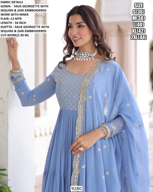 Stunning Ruffle Flair Designer Faux Georgette Readymade Gown With An Embroidered Dupatta