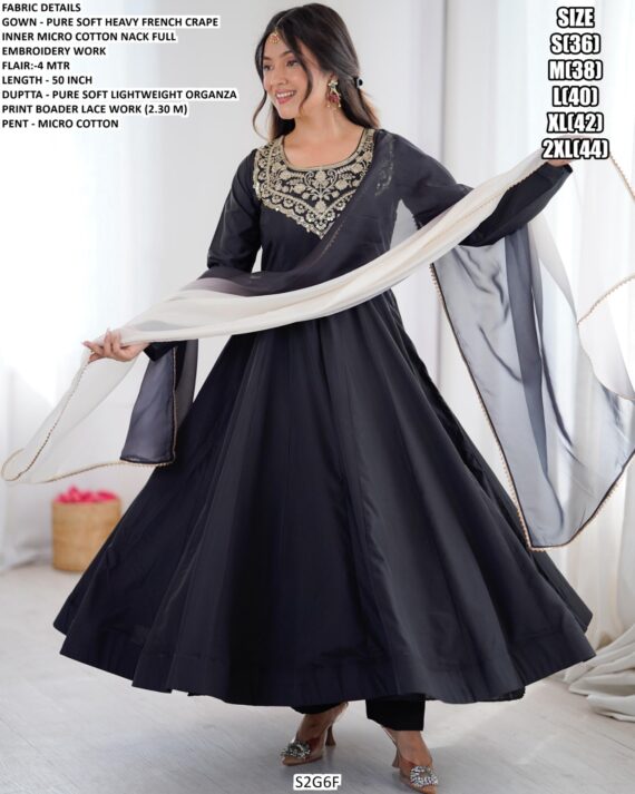 Most Trending Black Colour Party Wear Soft French Crepe Designer Gown Style Anarkali Suit