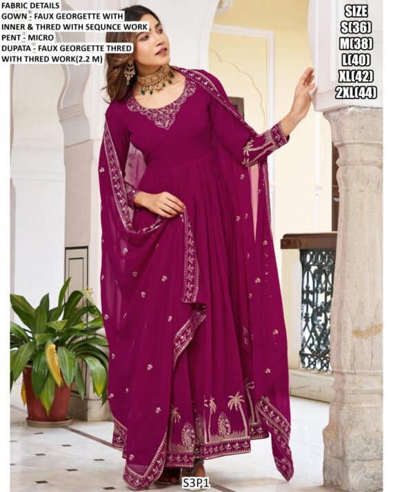 Faux Georgette Ready To Wear Embroidered Gown With Dupatta In Two Charming Colours!!