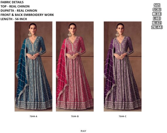 Wedding Wear Real Chinon Gown Featuring Heavy Embroidered Design On Both The Front And Back