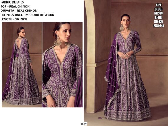 Wedding Wear Real Chinon Gown Featuring Heavy Embroidered Design On Both The Front And Back