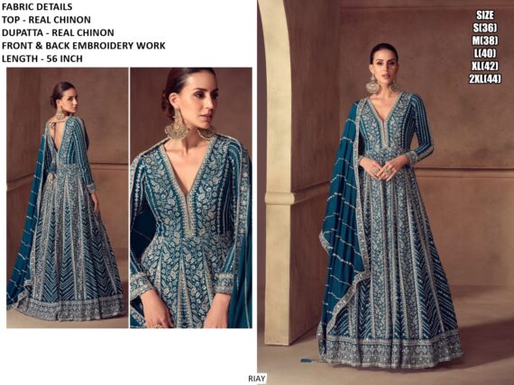 Wedding Wear Real Chinon Gown Featuring Heavy Embroidered Design On Both The Front And Back