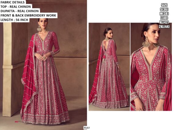 Wedding Wear Real Chinon Gown Featuring Heavy Embroidered Design On Both The Front And Back