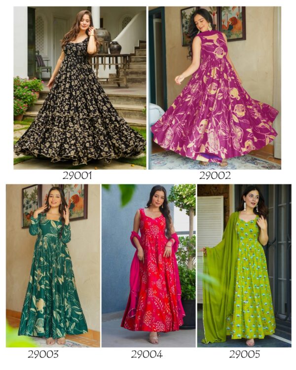 Vol 29 Rayon Digital Printed Heavy Flared Anarkali Style Fully-Stitched Gown Dupatta Pairs