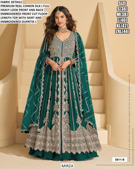 Premium Real Chinon Silk Embroidered Gown With Skirt And Dupatta (Indo-Western Dresses)
