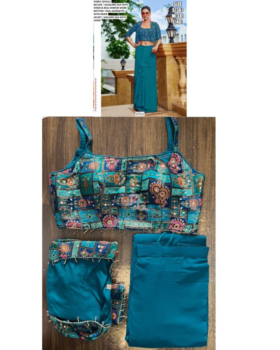 Georgette Dhoti Skirt With Mirror Work Jacquard Silk Crop Top And Jacket (Party Wear Indo-Western Dress)