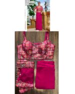 Georgette Dhoti Skirt With Mirror Work Jacquard Silk Crop Top And Jacket (Party Wear Indo-Western Dress)