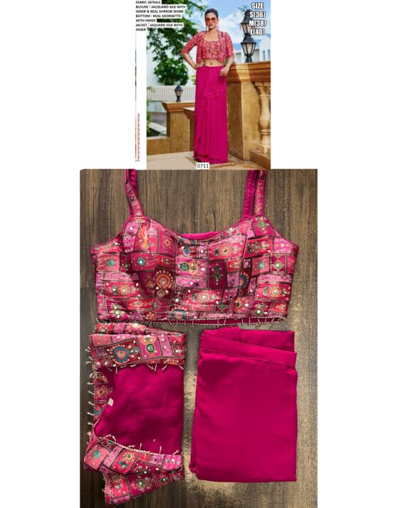 Georgette Dhoti Skirt With Mirror Work Jacquard Silk Crop Top And Jacket (Party Wear Indo-Western Dress)