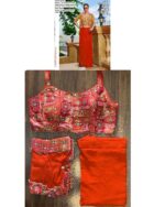 Georgette Dhoti Skirt With Mirror Work Jacquard Silk Crop Top And Jacket (Party Wear Indo-Western Dress)