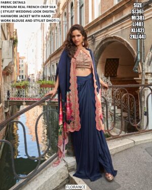 Florance Crepe Silk Western Wear Collection (Hand Work Blouse, Stylish Dhoti Skirt And Long Jacket)