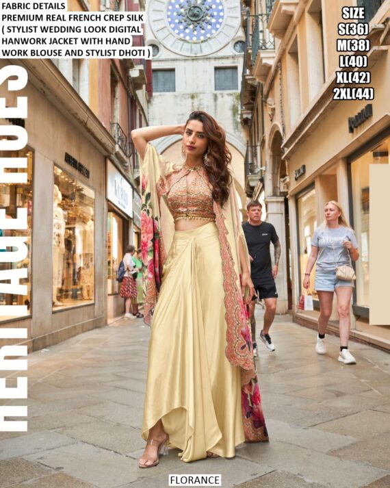 Florance Crepe Silk Western Wear Collection (Hand Work Blouse, Stylish Dhoti Skirt And Long Jacket)