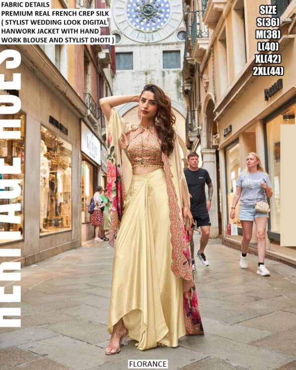 Florance Crepe Silk Western Wear Collection (Hand Work Blouse, Stylish Dhoti Skirt And Long Jacket)