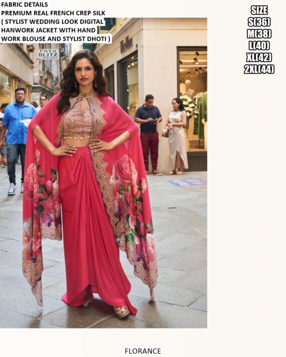 Florance Crepe Silk Western Wear Collection (Hand Work Blouse, Stylish Dhoti Skirt And Long Jacket)