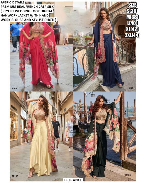 Florance Crepe Silk Western Wear Collection (Hand Work Blouse, Stylish Dhoti Skirt And Long Jacket)