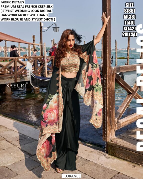 Florance Crepe Silk Western Wear Collection (Hand Work Blouse, Stylish Dhoti Skirt And Long Jacket)
