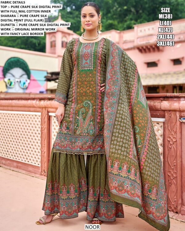 Wedding Ready To Wear Crepe Silk Sharara Suits With Exclusive Digital Print And Original Mirror Work