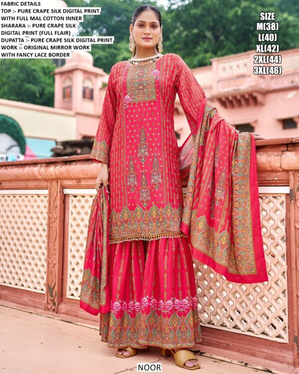 Wedding Ready To Wear Crepe Silk Sharara Suits With Exclusive Digital Print And Original Mirror Work