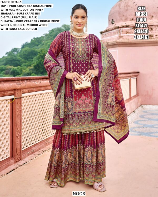 Wedding Ready To Wear Crepe Silk Sharara Suits With Exclusive Digital Print And Original Mirror Work