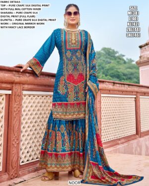 Wedding Ready To Wear Crepe Silk Sharara Suits With Exclusive Digital Print And Original Mirror Work