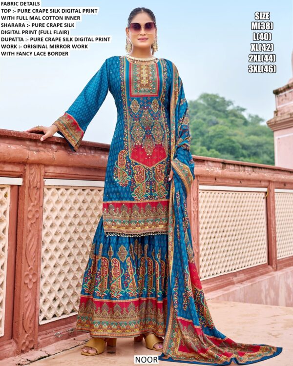 Wedding Ready To Wear Crepe Silk Sharara Suits With Exclusive Digital Print And Original Mirror Work