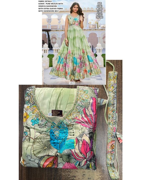 Functions Wear Digital Printed Pure Muslin Gown Available In Marvellous Designs And Colours!!