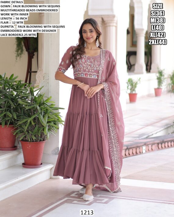 Buy Faux Blooming Multi Thread Embroidered Party Wear Readymade Gown With Dupatta