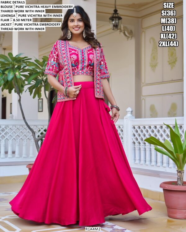 Pure Vichitra Embellished Crop Top With Jacket And Plain Lehenga For This Wedding Season