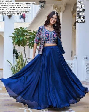 Pure Vichitra Embellished Crop Top With Jacket And Plain Lehenga For This Wedding Season