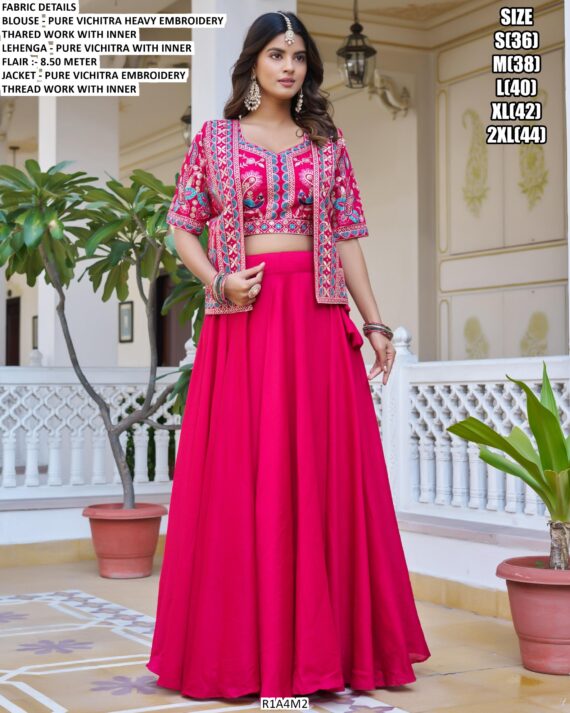 Pure Vichitra Embellished Crop Top With Jacket And Plain Lehenga For This Wedding Season