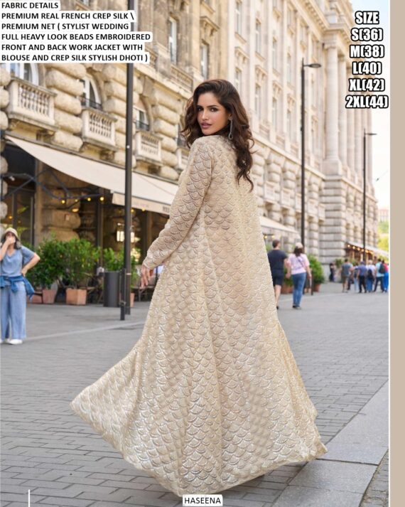 French Crepe Silk Stylish Designer Wedding Wear Indo-Westerns (Blouse Dhoti And Jacket Full Catalogue)