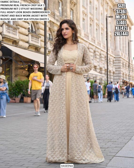 French Crepe Silk Stylish Designer Wedding Wear Indo-Westerns (Blouse Dhoti And Jacket Full Catalogue)