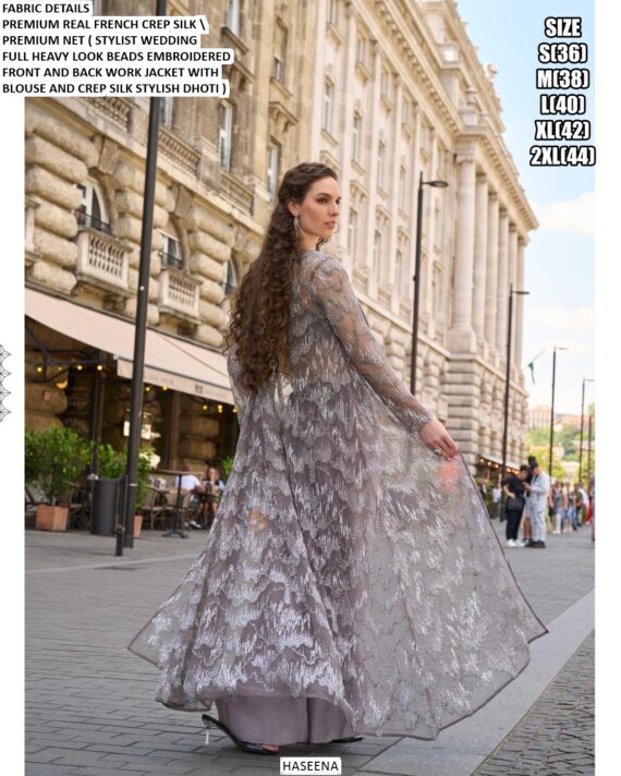 French Crepe Silk Stylish Designer Wedding Wear Indo-Westerns (Blouse Dhoti And Jacket Full Catalogue)