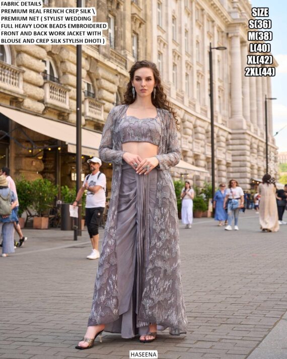 French Crepe Silk Stylish Designer Wedding Wear Indo-Westerns (Blouse Dhoti And Jacket Full Catalogue)