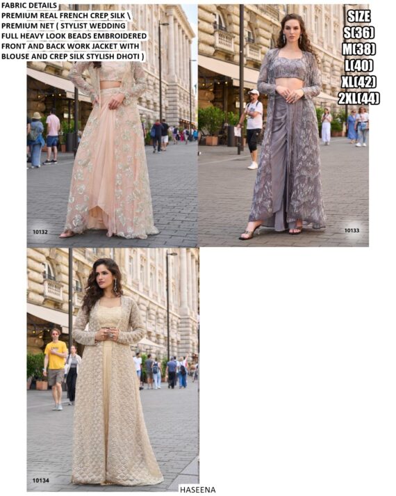 French Crepe Silk Stylish Designer Wedding Wear Indo-Westerns (Blouse Dhoti And Jacket Full Catalogue)