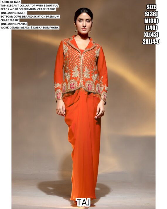 Cocktail Events Wear Premium Crepe Beautiful Beads Work Readymade Drape Suits