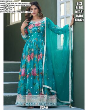 Sea Blue Colour Party Wear Look Digital Print Work Taby Silk Readymade Gown And Dupatta