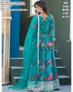 Sea Blue Colour Party Wear Look Digital Print Work Taby Silk Readymade Gown And Dupatta
