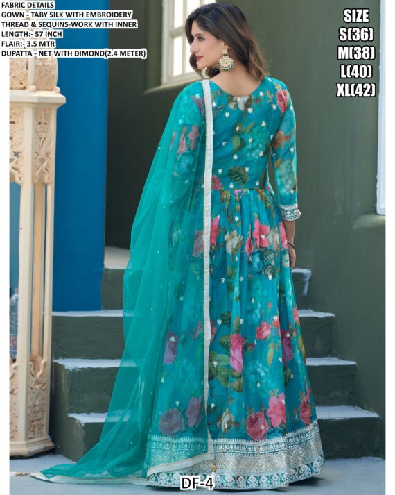 Sea Blue Colour Party Wear Look Digital Print Work Taby Silk Readymade Gown And Dupatta