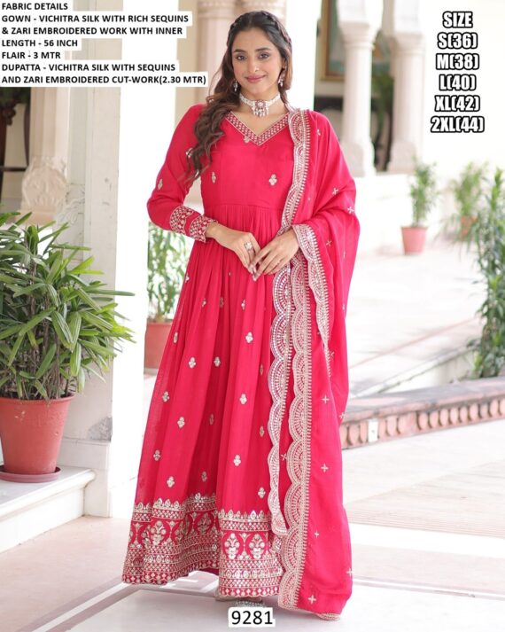 Wedding Wear This Zari Embroidery Work Gown Set Beautifully Crafted From Vichitra Silk