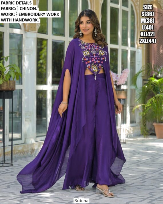 Chinon Embroidery With Handwork Two-Piece Readymade Indo-Western Sets For Women