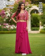 Georgette Dhoti Skirt With Mirror Work Jacquard Silk Crop Top And Jacket (Party Wear Indo-Western Dress)