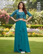 Georgette Dhoti Skirt With Mirror Work Jacquard Silk Crop Top And Jacket (Party Wear Indo-Western Dress)