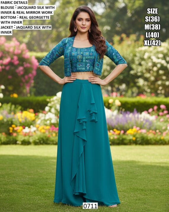 Georgette Dhoti Skirt With Mirror Work Jacquard Silk Crop Top And Jacket (Party Wear Indo-Western Dress)