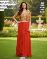 Georgette Dhoti Skirt With Mirror Work Jacquard Silk Crop Top And Jacket (Party Wear Indo-Western Dress)