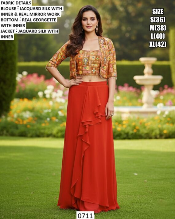 Georgette Dhoti Skirt With Mirror Work Jacquard Silk Crop Top And Jacket (Party Wear Indo-Western Dress)