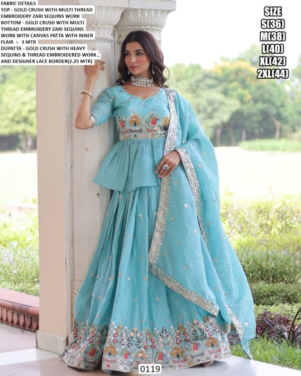 Light Blue Gold Crush Wedding Wear Embroidered Lehenga Choli Dupatta Set (Ready To Wear)