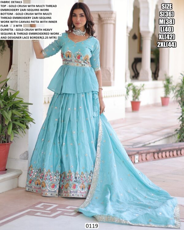 Light Blue Gold Crush Wedding Wear Embroidered Lehenga Choli Dupatta Set (Ready To Wear)