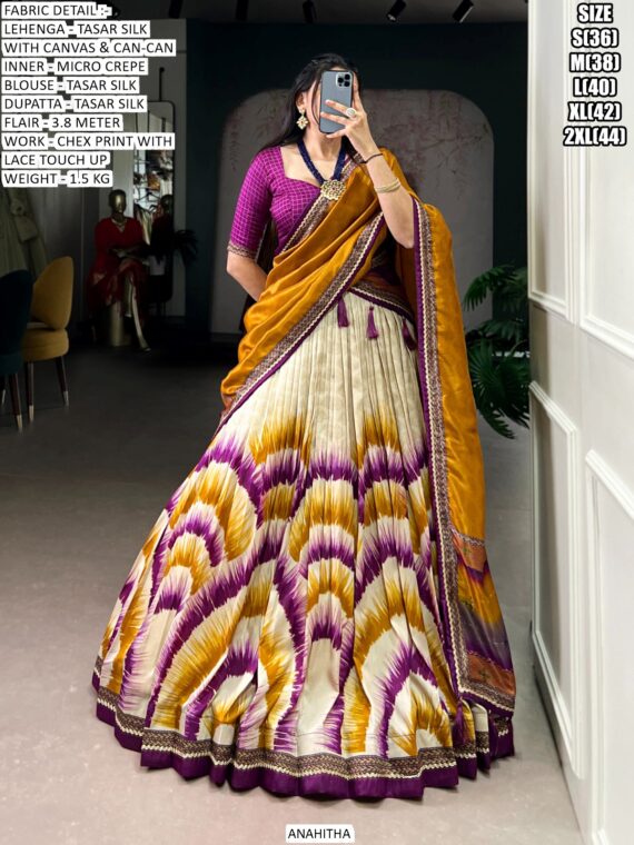 Look Ethnic In This Affluent With This Beautiful Printed Tasar Silk Semi-Stitched Lehenga Choli