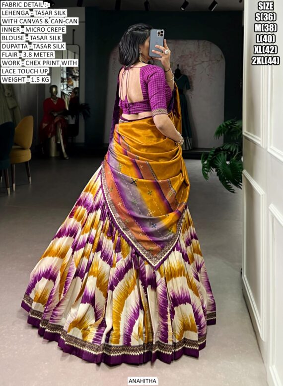 Look Ethnic In This Affluent With This Beautiful Printed Tasar Silk Semi-Stitched Lehenga Choli